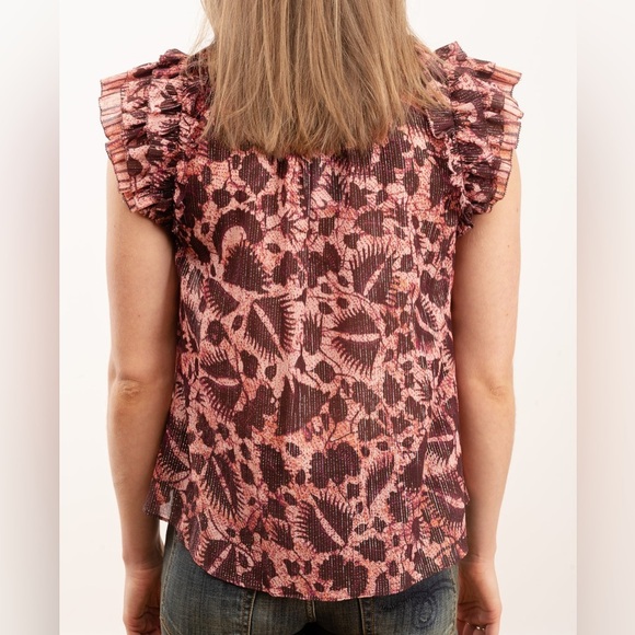 Ulla Johnson Dira Top Bordeaux Metallic Ruffle Size 6 Flutter Sleeve Tassel Tie - Picture 5 of 17